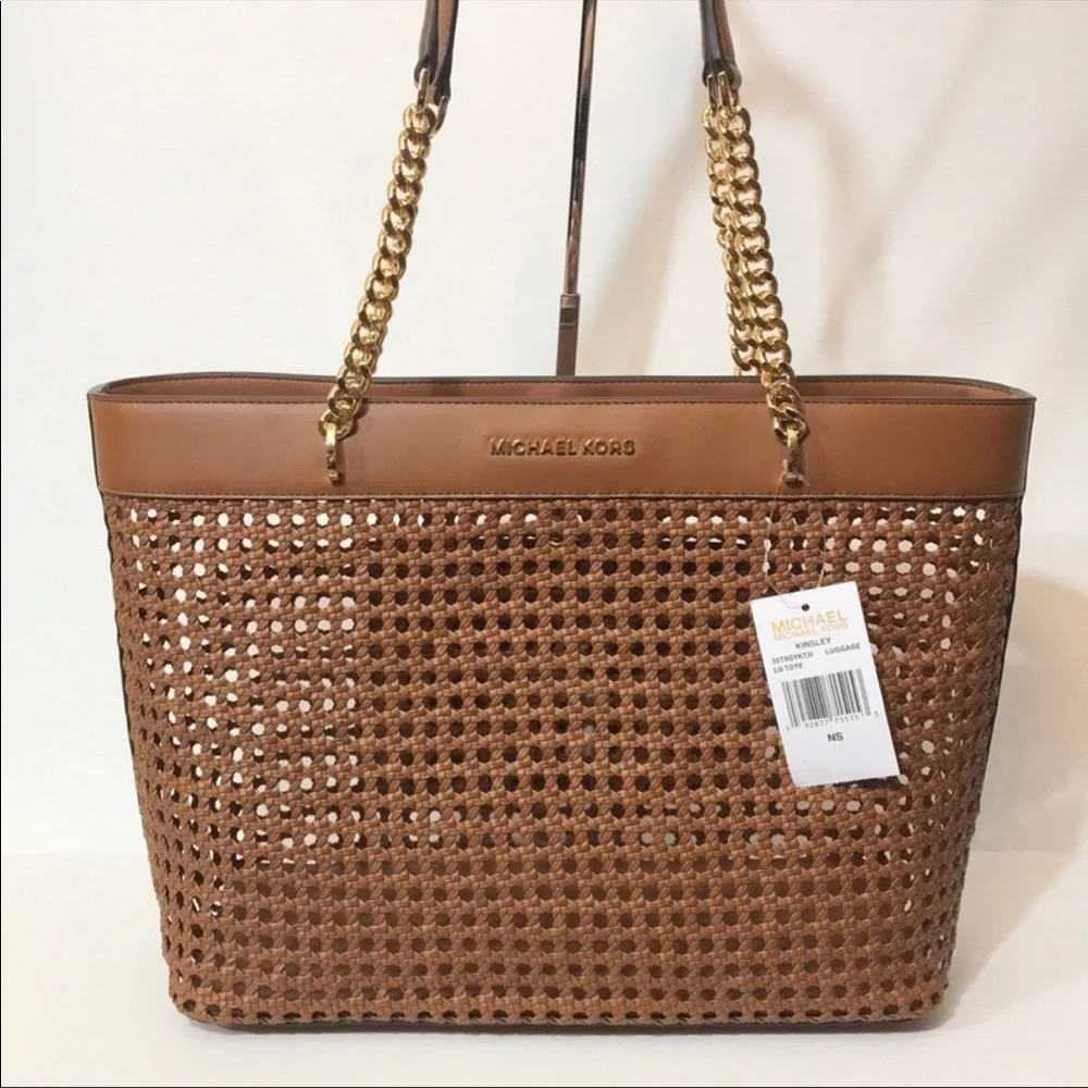 Michael Kors Large woven braided leather tote shoulder bag chain straps